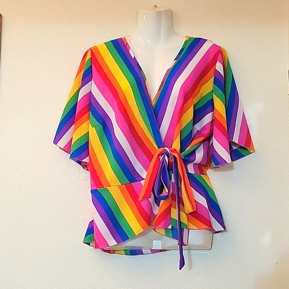 cha cha vente Tops - Rainbow Crossbody Wrap Blouse
